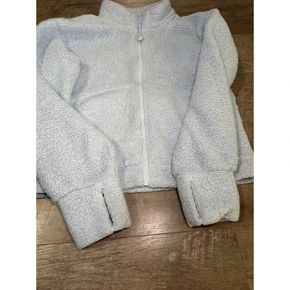 Athleta Girl Tugga Sherpa Fleece Jacket Light Blue Full Zip Thumbholes Size L 12